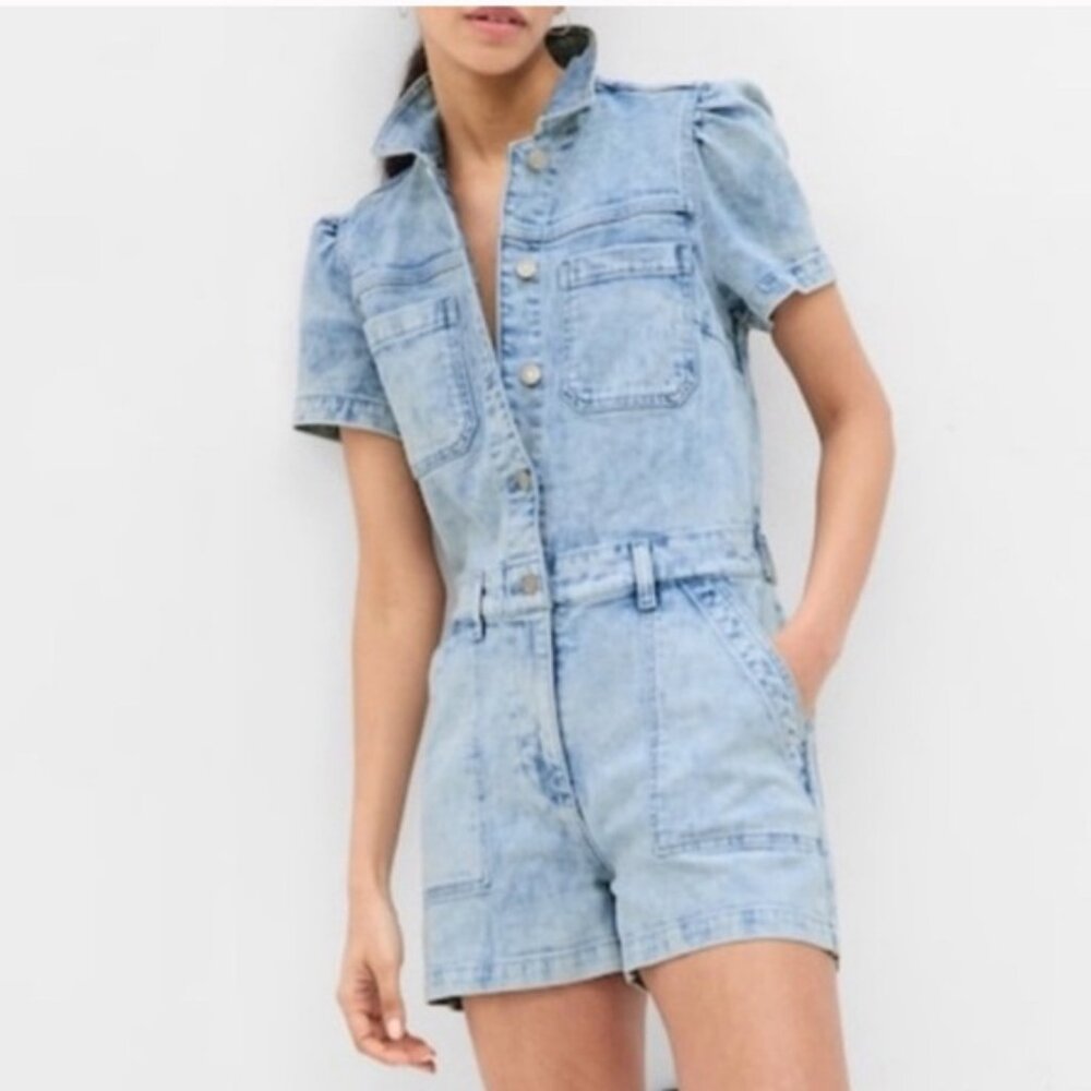 GAP Denim Puff Sleeve Romper in Blue Acid Wash - Size 4